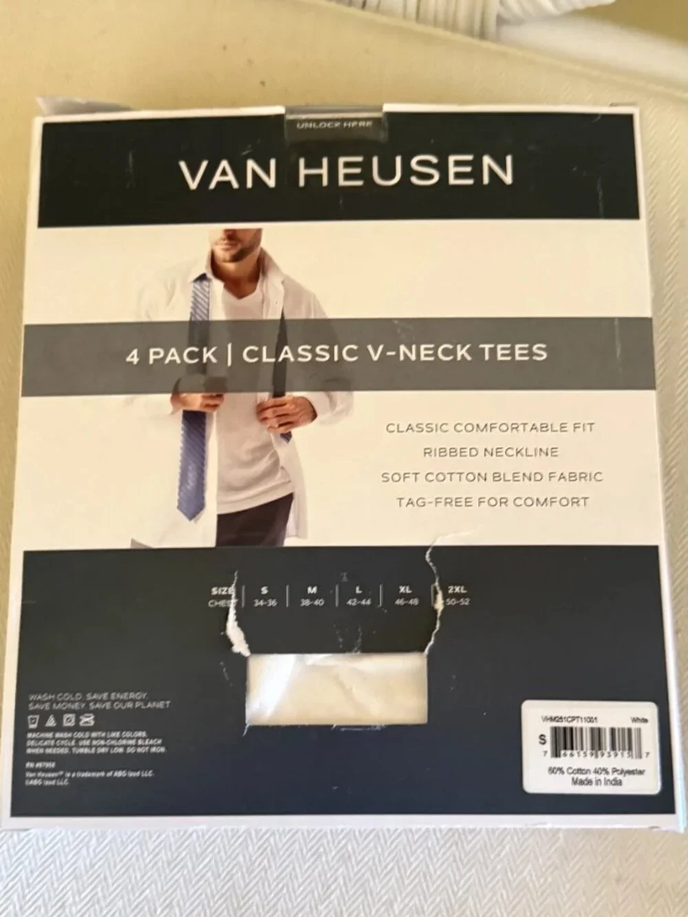 Van Heusen Men's Classic V-Neck Tees White Undershirts 4-Pack Small NIB